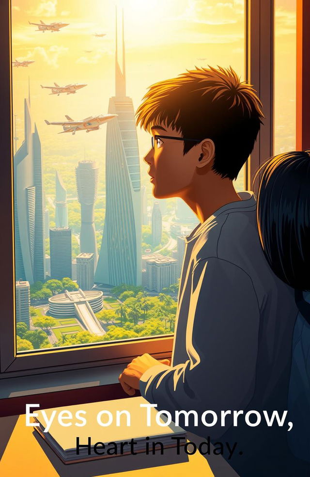 A student gazing out of a large, futuristic window, their expression filled with wonder and contemplation