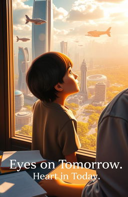 A student gazing out of a large, futuristic window, their expression filled with wonder and contemplation