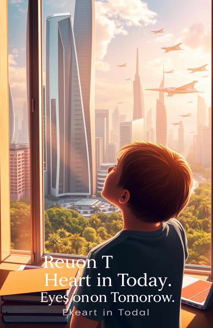 A student gazing out of a large, futuristic window, their expression filled with wonder and contemplation