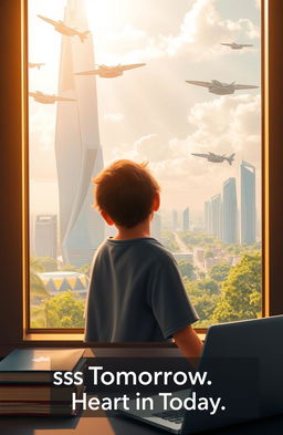 A student gazing out of a large, futuristic window, their expression filled with wonder and contemplation