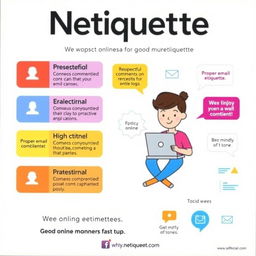 A vibrant and engaging poster illustrating Netiquette rules, featuring a clean, modern design with colorful infographics