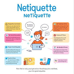 A vibrant and engaging poster illustrating Netiquette rules, featuring a clean, modern design with colorful infographics
