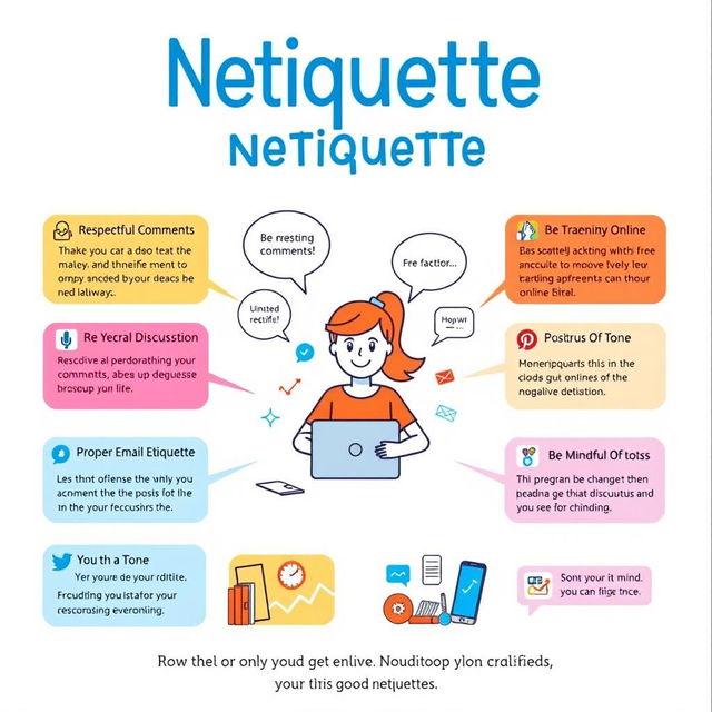 A vibrant and engaging poster illustrating Netiquette rules, featuring a clean, modern design with colorful infographics