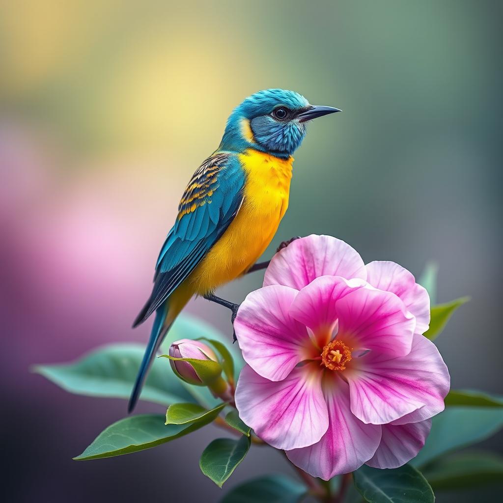 A vibrant and colorful bird perched delicately on a blooming flower