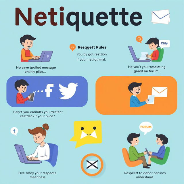 A visually striking poster illustrating Netiquette rules without any text, using only images to convey the concepts