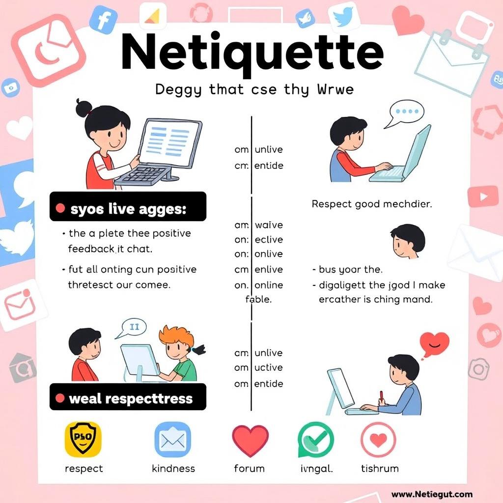 A visually striking poster illustrating Netiquette rules without any text, using only images to convey the concepts