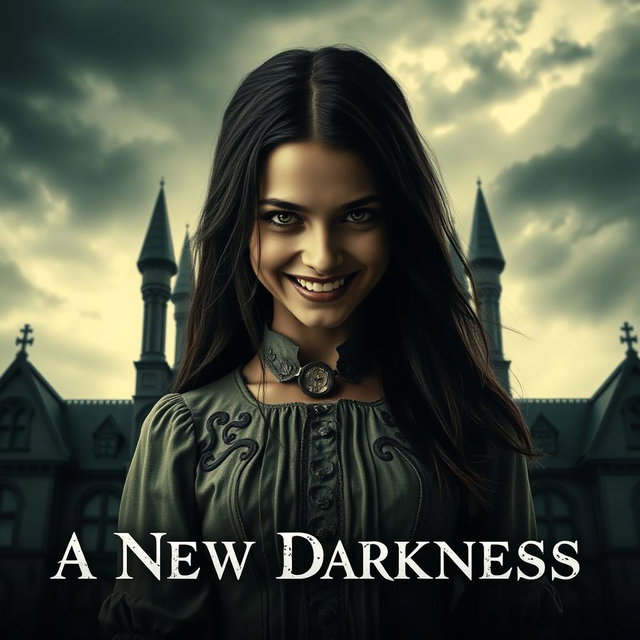 A horror-themed movie poster featuring a sinister-looking young woman with an unsettling smile, designed to evoke fear