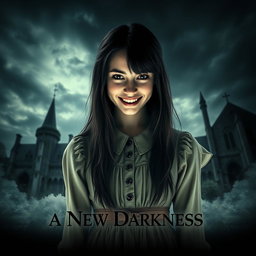 A horror-themed movie poster featuring a sinister-looking young woman with an unsettling smile, designed to evoke fear