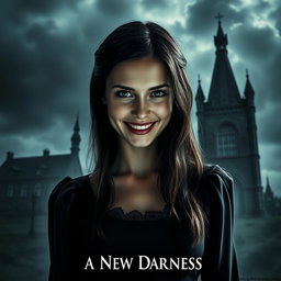 A horror-themed movie poster featuring a sinister-looking young woman with an unsettling smile, designed to evoke fear