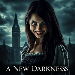 A horror-themed movie poster featuring a sinister-looking young woman with an unsettling smile, designed to evoke fear