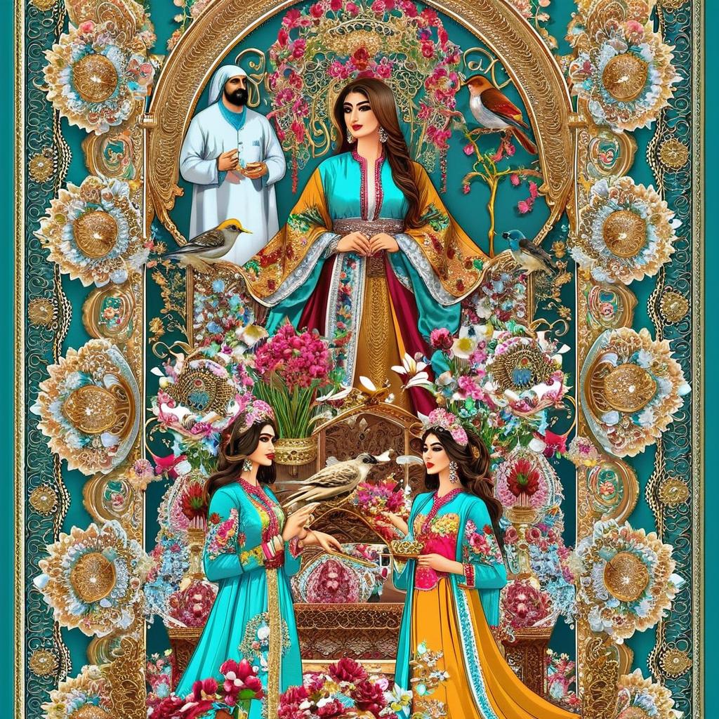 A beautiful Iranian woman in colorful clothes with beauty flowers and small birds