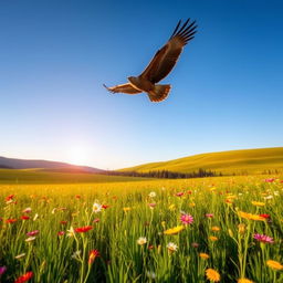 A serene scene of a bird gracefully flying over a lush green meadow filled with colorful wildflowers under a clear blue sky
