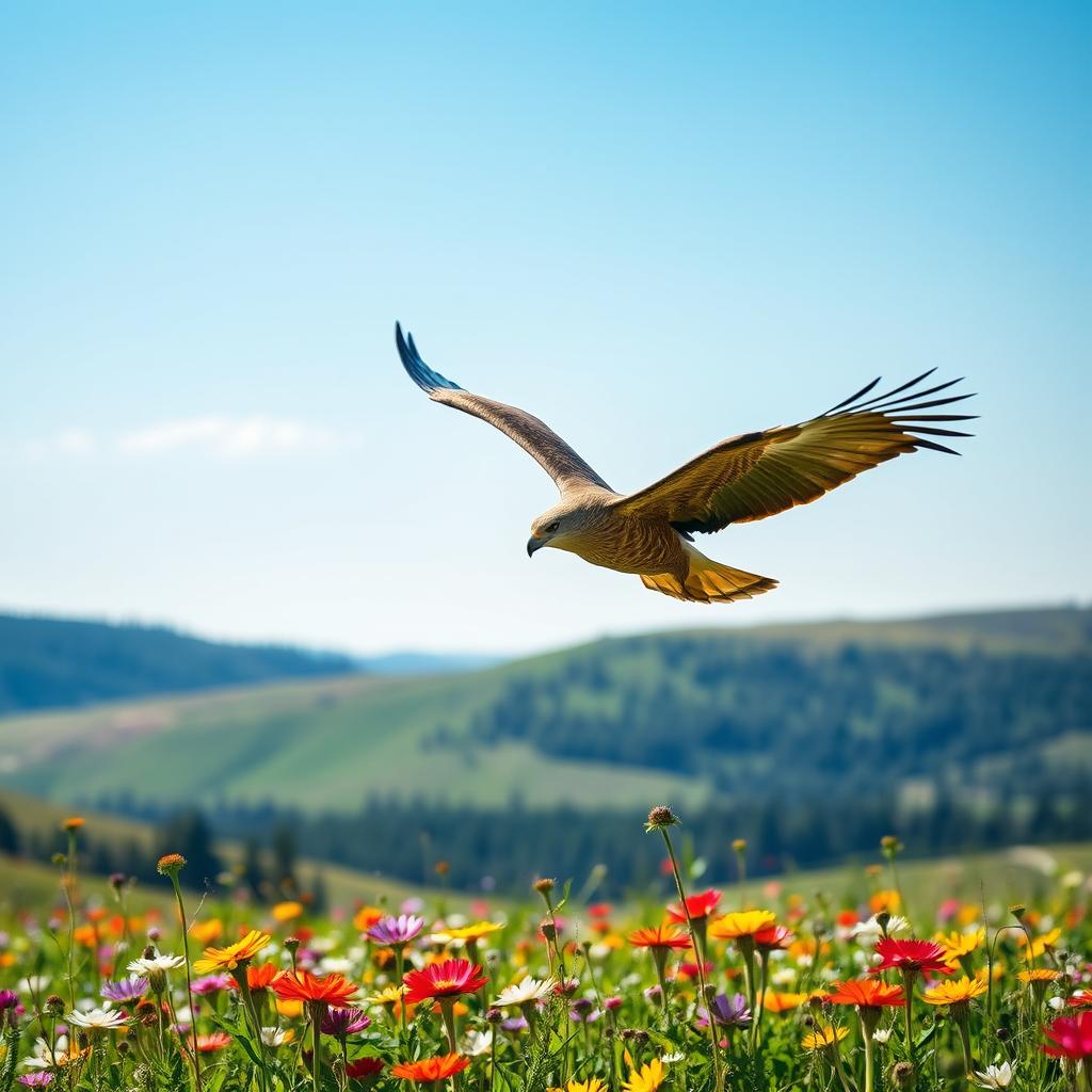 A serene scene of a bird gracefully flying over a lush green meadow filled with colorful wildflowers under a clear blue sky