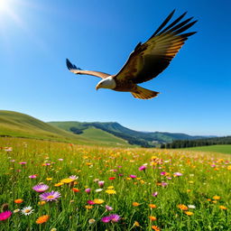 A serene scene of a bird gracefully flying over a lush green meadow filled with colorful wildflowers under a clear blue sky