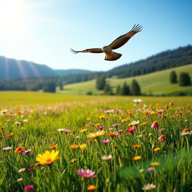 A serene scene of a bird gracefully flying over a lush green meadow filled with colorful wildflowers under a clear blue sky