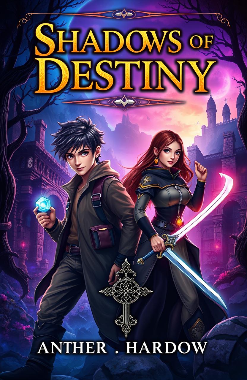 Cover design for a fantasy book titled 'Shadows of Destiny'