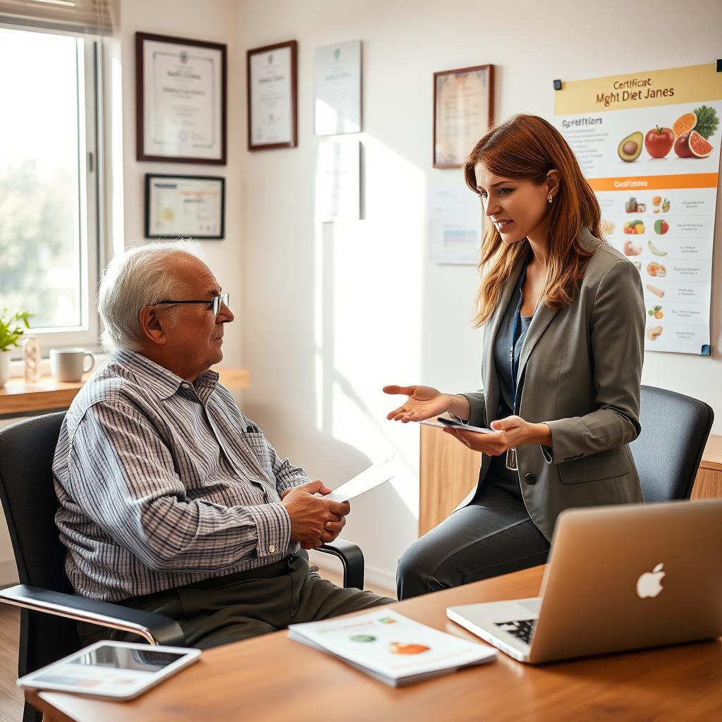 A scene in a modern clinic featuring a female dietitian, an attractive woman in a professional outfit, attentively discussing diet plans with an elderly man