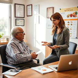 A scene in a modern clinic featuring a female dietitian, an attractive woman in a professional outfit, attentively discussing diet plans with an elderly man