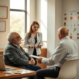 A scene in a modern clinic featuring a female dietitian, an attractive woman in a professional outfit, attentively discussing diet plans with an elderly man