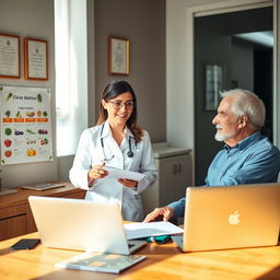 A scene in a modern clinic featuring a female dietitian, an attractive woman in a professional outfit, attentively discussing diet plans with an elderly man