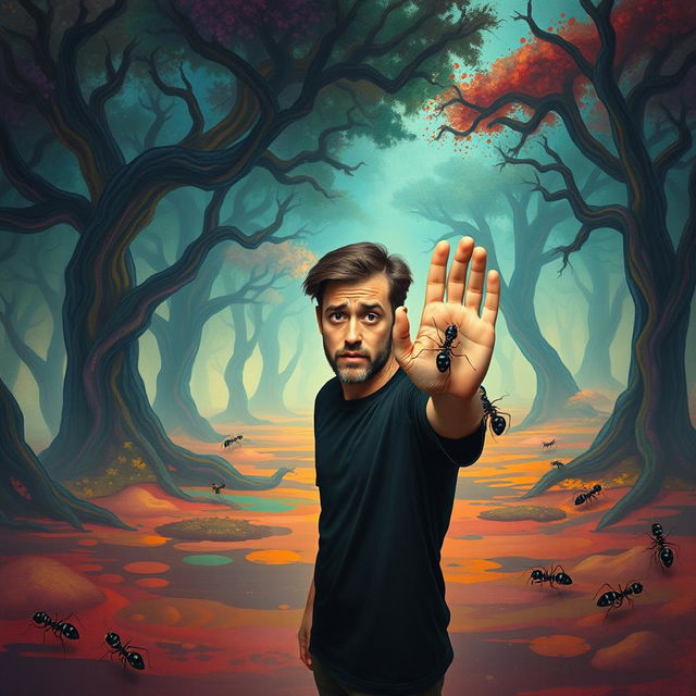 A surreal and visually striking scene depicting a person standing in an abstract landscape, looking perplexed as they raise their hand