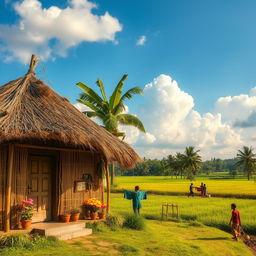 A picturesque scene of a traditional Bangladeshi village home made of straw, surrounded by lush greenery and fields