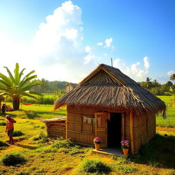 A picturesque scene of a traditional Bangladeshi village home made of straw, surrounded by lush greenery and fields