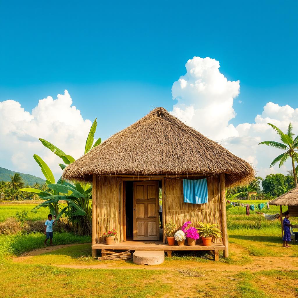 A picturesque scene of a traditional Bangladeshi village home made of straw, surrounded by lush greenery and fields