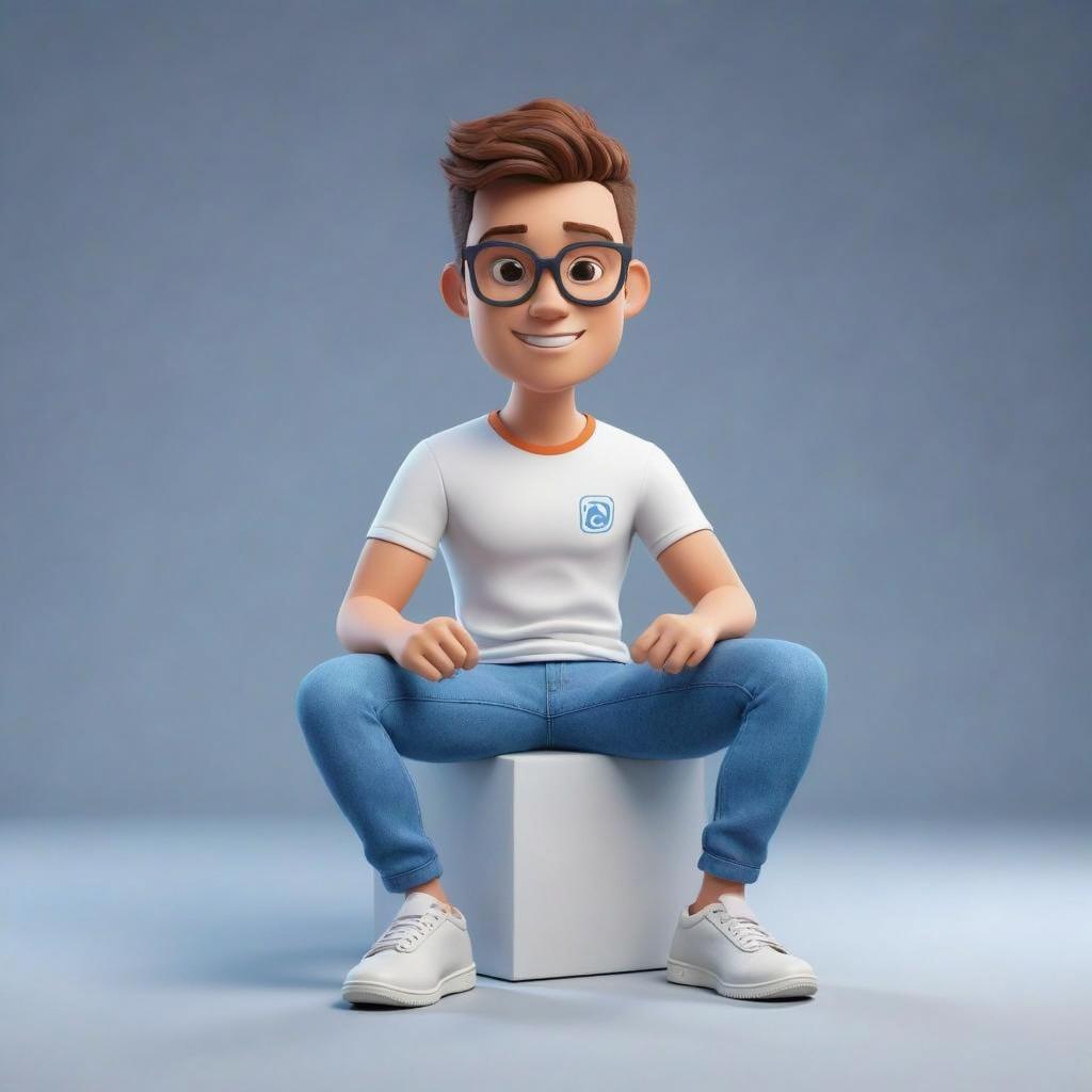A cheerful animated character sitting on a small pedestal, wearing a white t-shirt with a logo and blue jeans
