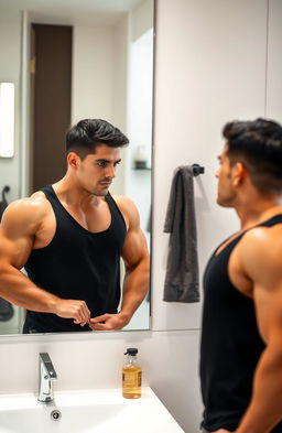 A man standing confidently in front of a mirror, looking at his reflection which shows a stronger, more muscular version of himself