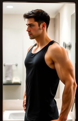 A man standing confidently in front of a mirror, looking at his reflection which shows a stronger, more muscular version of himself
