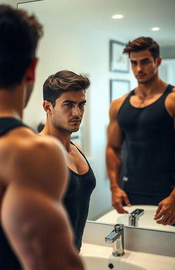 A man standing confidently in front of a mirror, looking at his reflection which shows a stronger, more muscular version of himself