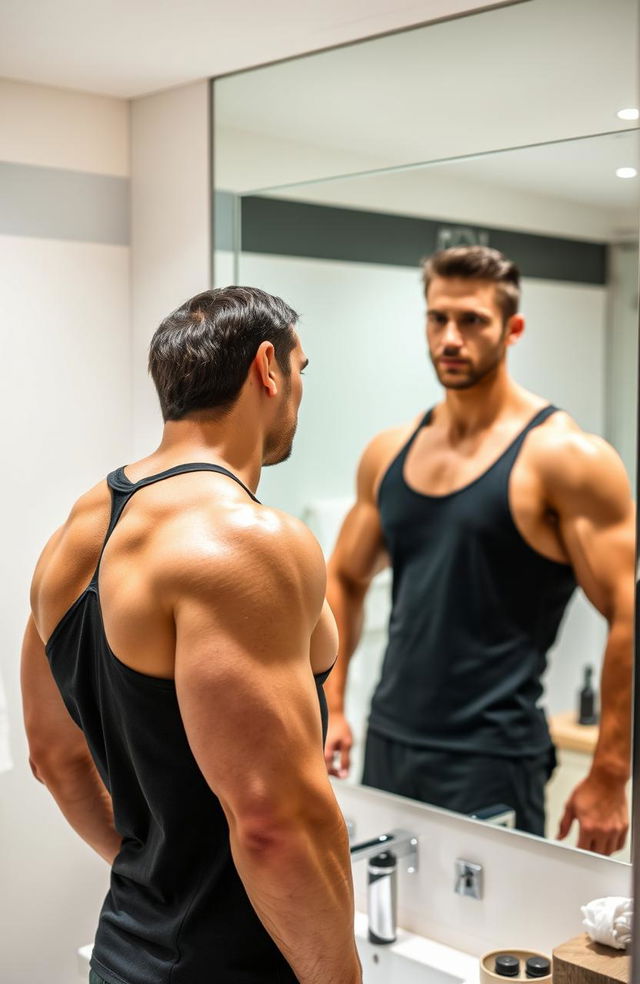 A man standing confidently in front of a mirror, looking at his reflection which shows a stronger, more muscular version of himself