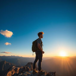 A man standing triumphantly at the peak of a mountain, overlooking a breathtaking landscape
