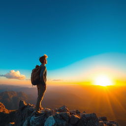 A man standing triumphantly at the peak of a mountain, overlooking a breathtaking landscape