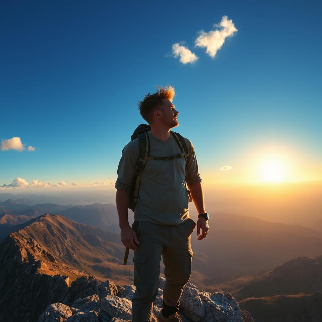 A man standing triumphantly at the peak of a mountain, overlooking a breathtaking landscape