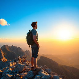 A man standing triumphantly at the peak of a mountain, overlooking a breathtaking landscape