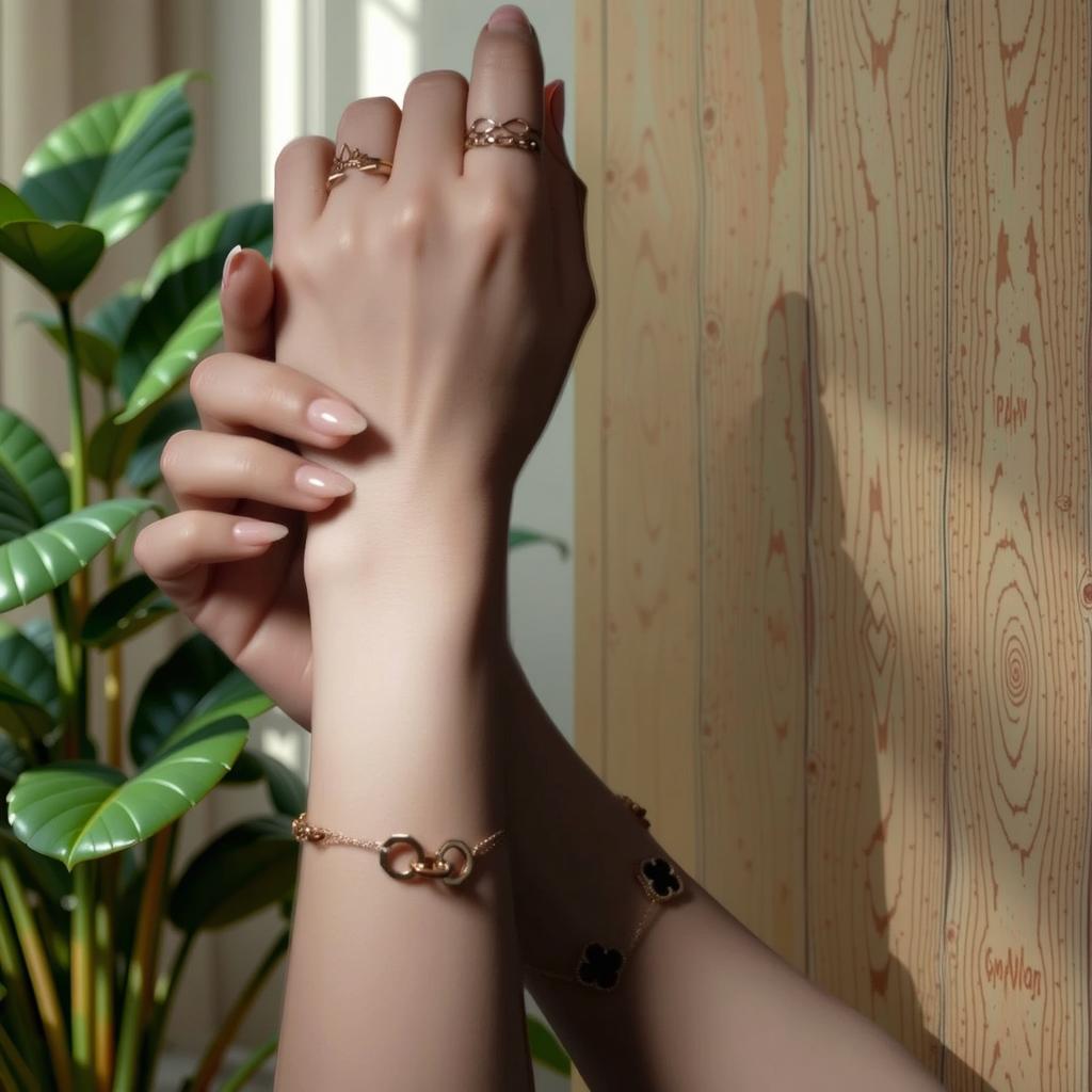 A close-up of elegant hands adorned with delicate gold jewelry, including rings and bracelets, gently moving and showcasing the jewelry