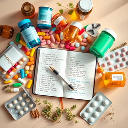 A visually appealing flat lay of various colorful medicines, including pill bottles, capsules, and blister packs, arranged artistically around a stylish planner notebook