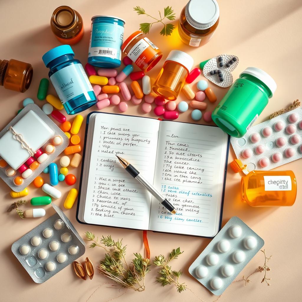 A visually appealing flat lay of various colorful medicines, including pill bottles, capsules, and blister packs, arranged artistically around a stylish planner notebook