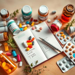A visually appealing flat lay of various colorful medicines, including pill bottles, capsules, and blister packs, arranged artistically around a stylish planner notebook