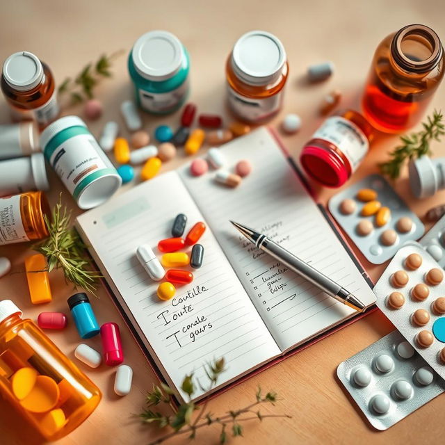 A visually appealing flat lay of various colorful medicines, including pill bottles, capsules, and blister packs, arranged artistically around a stylish planner notebook