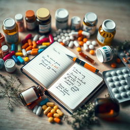 A visually appealing flat lay of various colorful medicines, including pill bottles, capsules, and blister packs, arranged artistically around a stylish planner notebook