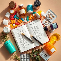 A visually appealing flat lay of various colorful medicines, including pill bottles, capsules, and blister packs, arranged artistically around a stylish planner notebook