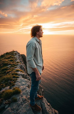 A man standing on the edge of a cliff, gazing thoughtfully towards the horizon