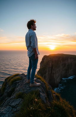 A man standing on the edge of a cliff, gazing thoughtfully towards the horizon