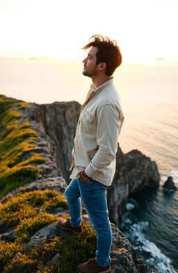 A man standing on the edge of a cliff, gazing thoughtfully towards the horizon