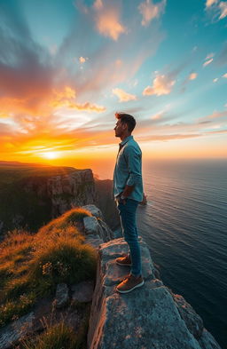 A man standing on the edge of a cliff, gazing thoughtfully towards the horizon