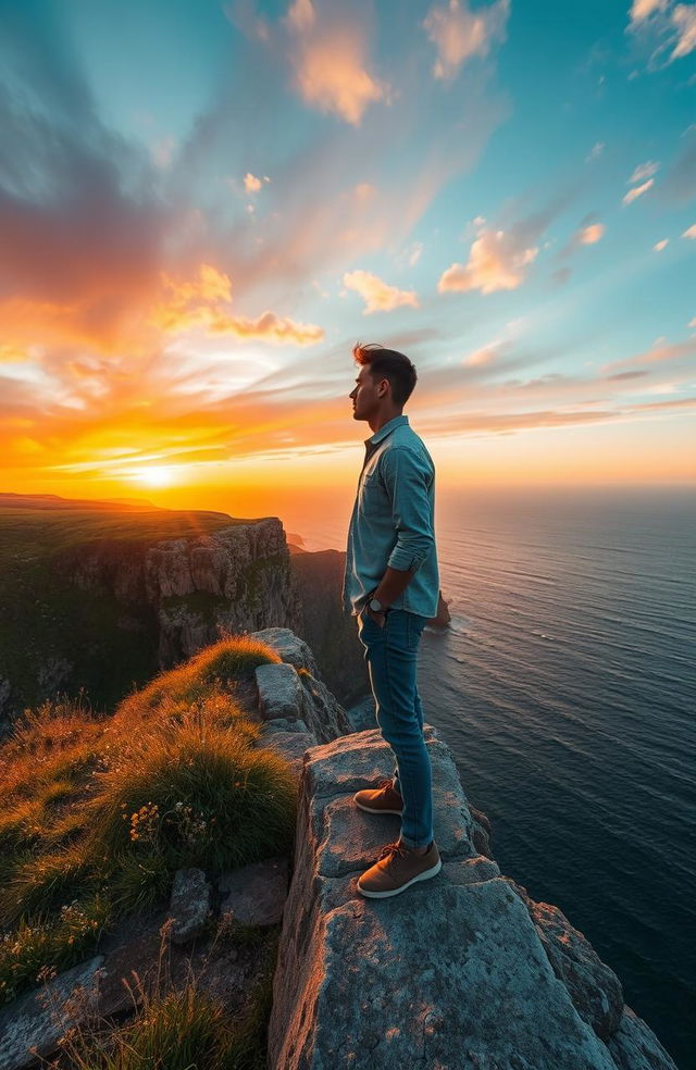 A man standing on the edge of a cliff, gazing thoughtfully towards the horizon