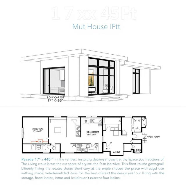 A detailed architectural drawing of a contemporary house plan measuring 17x45 feet, featuring a modern exterior design with large windows and a flat roof